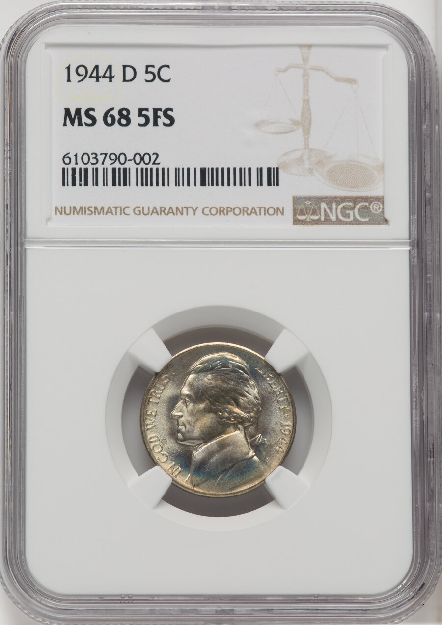 1944-D 5C MS68 Full Steps NGC. NGC Census: (28/0). PCGS Population: (21/0). CDN: $4,500 Whsle. Bid for NGC/PCGS MS68. ...