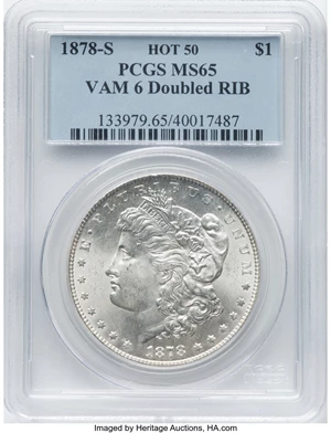 image for: 1878-S $1 Doubled RIB, VAM-6, MS65 PCGS. A Hot 50 Variety. PCGS Population: (19/6). NGC Census: (0/0). CDN: $385 Whsle. Bid...