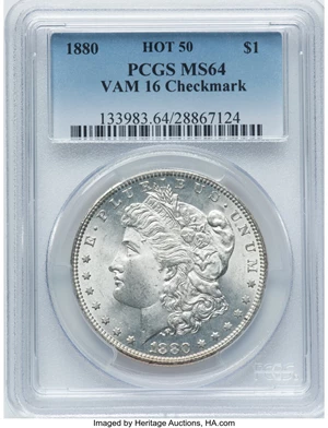 image for: 1880 $1 8 Over 7 Checkmark, VAM-16, MS64 PCGS. A Hot 50 Variety. PCGS Population: (4/0). NGC Census: (0/0). MS64....