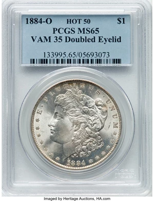 image for: 1884-O $1 Doubled Eyelid, VAM-35, MS65 PCGS. A Hot 50 Variety. PCGS Population: (10/4). NGC Census: (5/12). CDN: $200 Whsle...