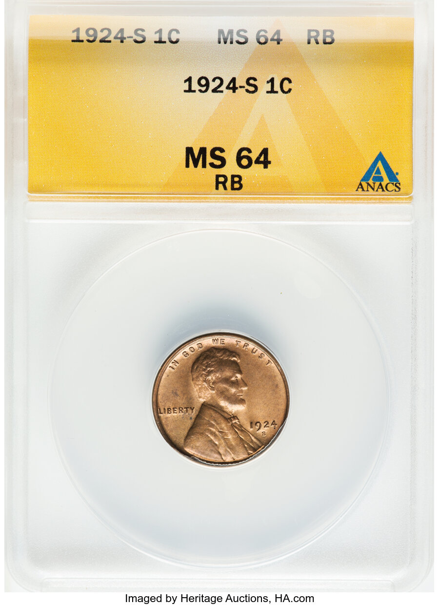 1924-S 1C MS64 Red and Brown ANACS. Mintage 11,696,000. ...