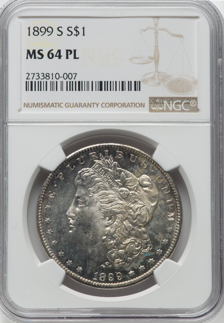 1899-S $1 MS64 Prooflike NGC. NGC Census: (60/12). PCGS Population: (68/40). CDN: $1,325 Whsle. Bid for NGC/PCGS MS64. Mint...