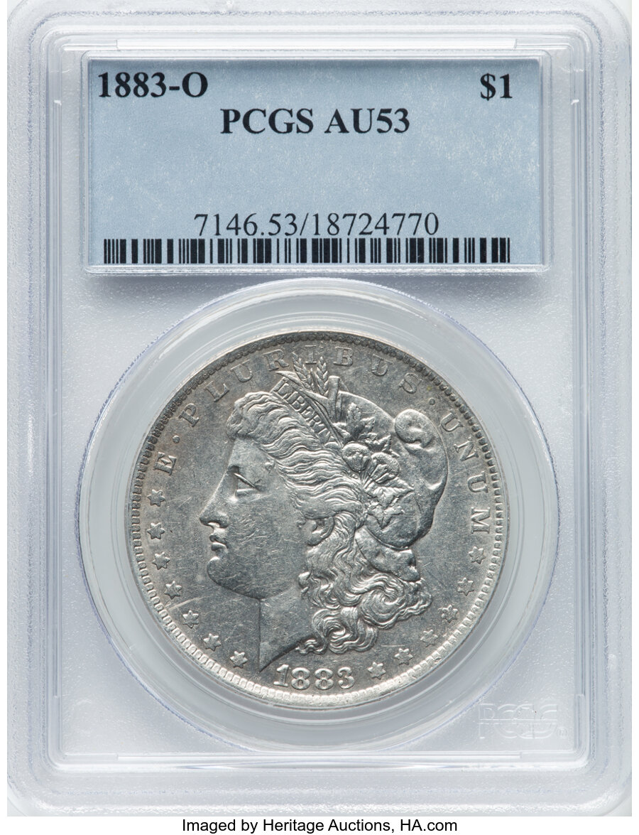 1883-O $1 VAM-47 AU53 PCGS. PCGS Population: (82/140773). NGC Census: (75/155387). CDN: $43.25.Whsle. Bid for NGC/PCGS AU53...