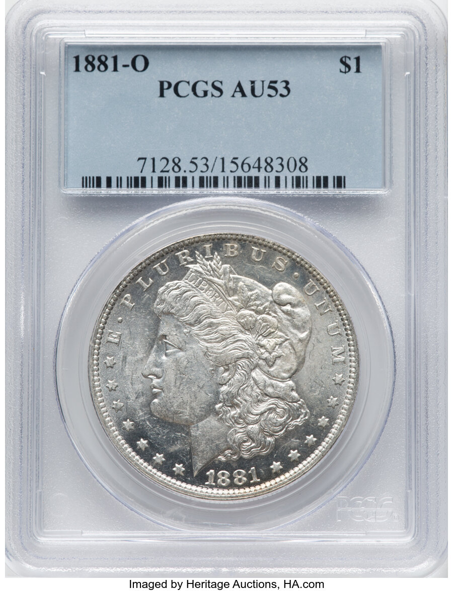1881-O $1 VAM-14 AU53 PCGS. PCGS Population: (334/22624). NGC Census: (130/20205). CDN: $43.25.Whsle. Bid for NGC/PCGS AU53...