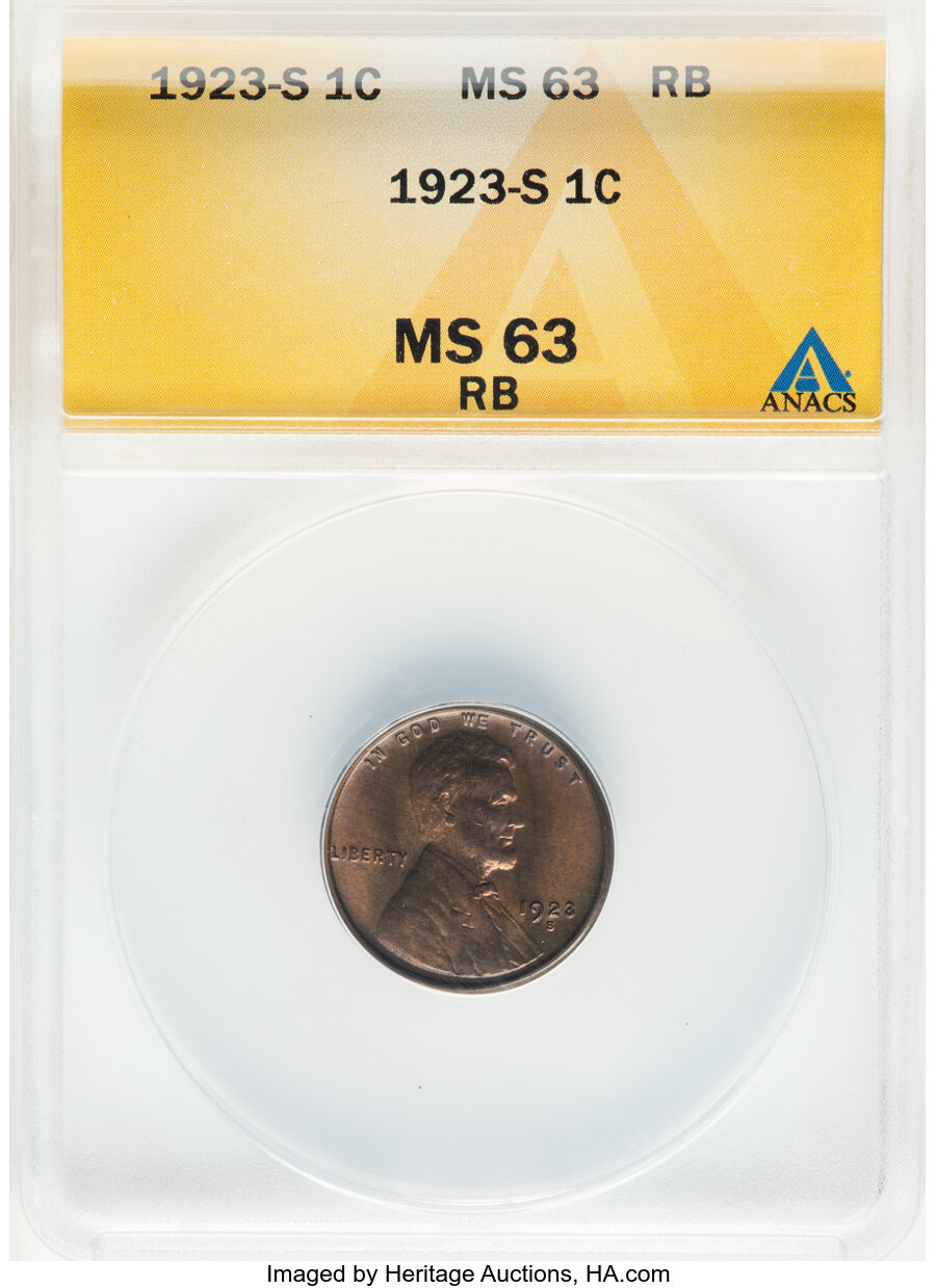 1923-S 1C MS63 Red and Brown ANACS. Mintage 8,700,000. ...