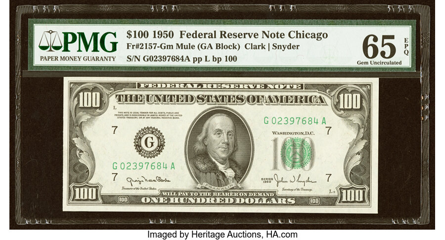 Fr. 2157-G $100 1950 Mule Federal Reserve Note. PMG Gem Uncirculated 65 EPQ....