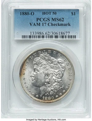 image for: 1880 $1 8/7 Check Mark, VAM-17, MS62 PCGS. A Hot 50 Variety. PCGS Population: (11/2). NGC Census: (0/0). CDN: $214.50.Whsle...