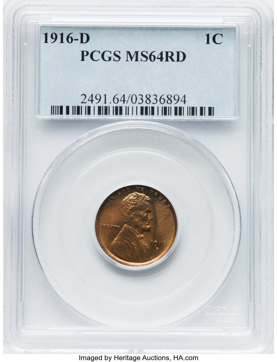 1916-D 1C MS64 Red PCGS. PCGS Population: (149/85). NGC Census: (39/20). CDN: $300 Whsle. Bid for NGC/PCGS MS64. Mintage 35...