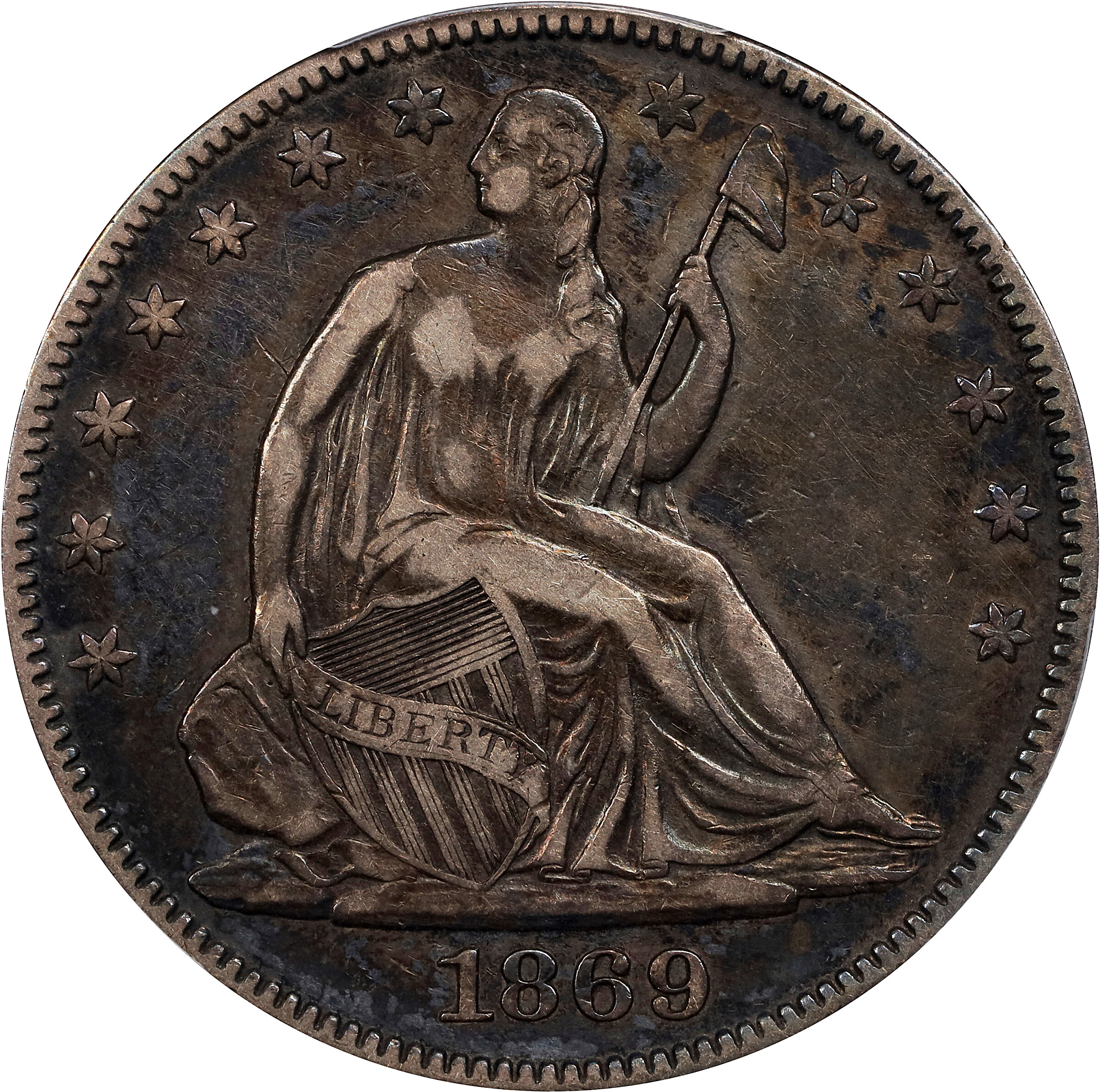 1869 Liberty Seated Half Dollar. WB-3. Rarity-3. Repunched Date. VF-30 (PCGS).