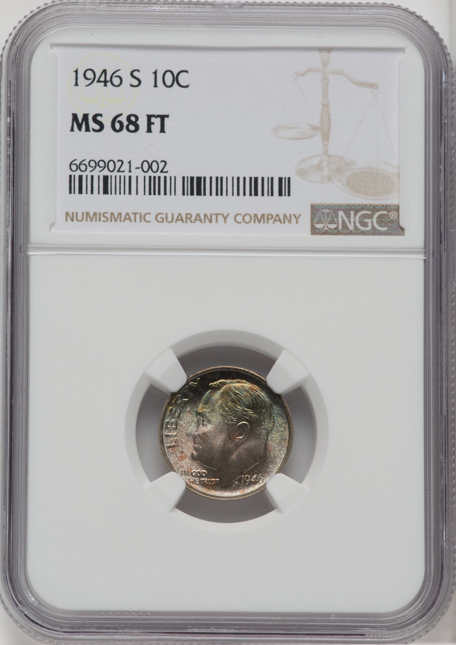 1946-S 10C MS68 Full Bands NGC. NGC Census: (20/0). PCGS Population: (19/0). CDN: $1,300 Whsle. Bid for NGC/PCGS MS68. Mint...