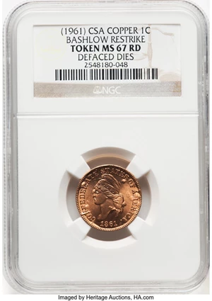 image for: 1861 1C Confederate States of America Cent, Defaced Dies, Copper Restrike, MS67 Red NGC. NGC Census: (0/0). PCGS Population...