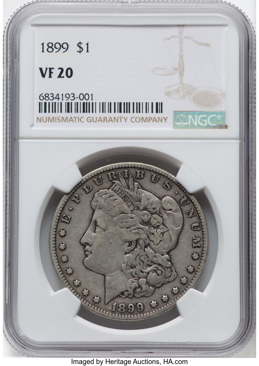 1899 $1 VF20 NGC. NGC Census: (25/12363). PCGS Population: (49/17300). CDN: $95 Whsle. Bid for NGC/PCGS VF20. Mintage 330,8...