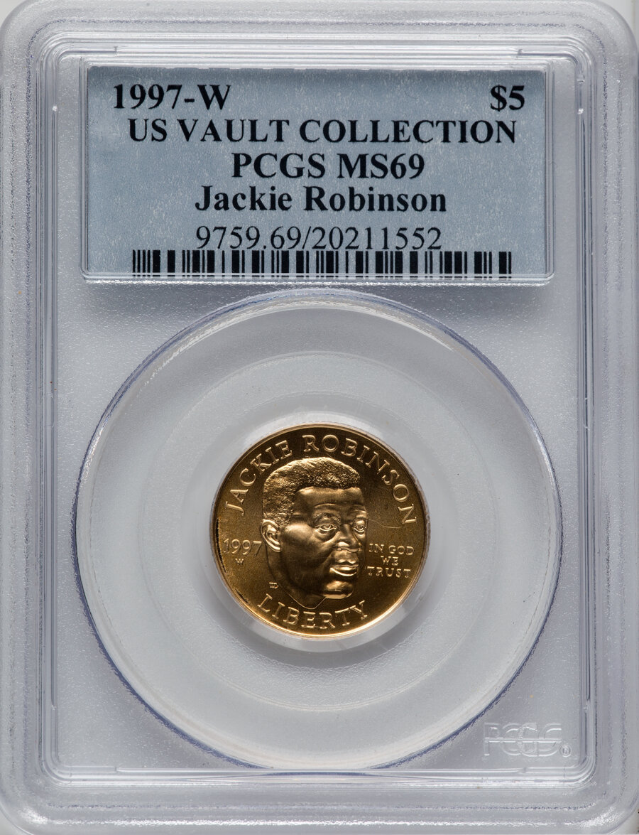 1997-W $5 Jackie Robinson Gold Five Dollar, US Vault Collection MS69 PCGS. PCGS Population: (1030/97). NGC Census: (618/328...