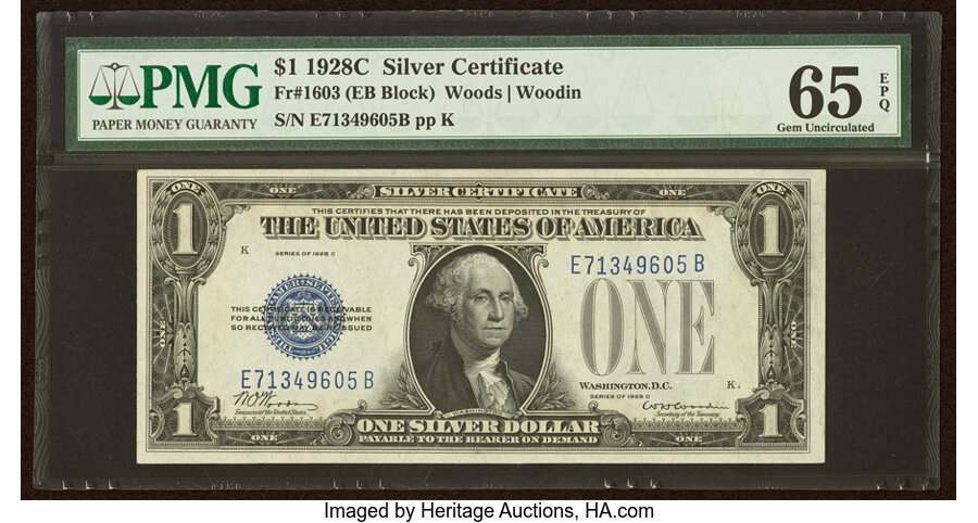 Fr. 1603 $1 1928C Silver Certificate. PMG Gem Uncirculated 65 EPQ....