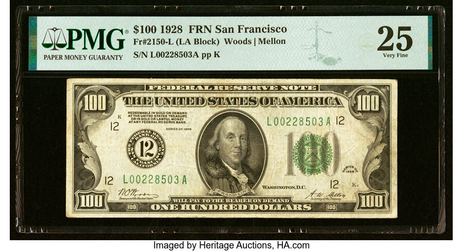 Fr. 2150-L $100 1928 Federal Reserve Note. PMG Very Fine 25....