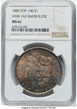 image for: 1880 $1 Knobbed 8, VAM-1A2, MS61 NGC. A Top 100 Variety. NGC Census: (4/0). PCGS Population: (0/3). CDN: $1,200 Whsle. Bid ...