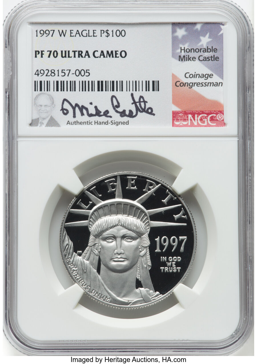 1997-W $100 One-Ounce Platinum Eagle, Statue of Liberty, Mike Castle Signature, PR70 Ultra Cameo NGC. NGC Census: (971). PC...