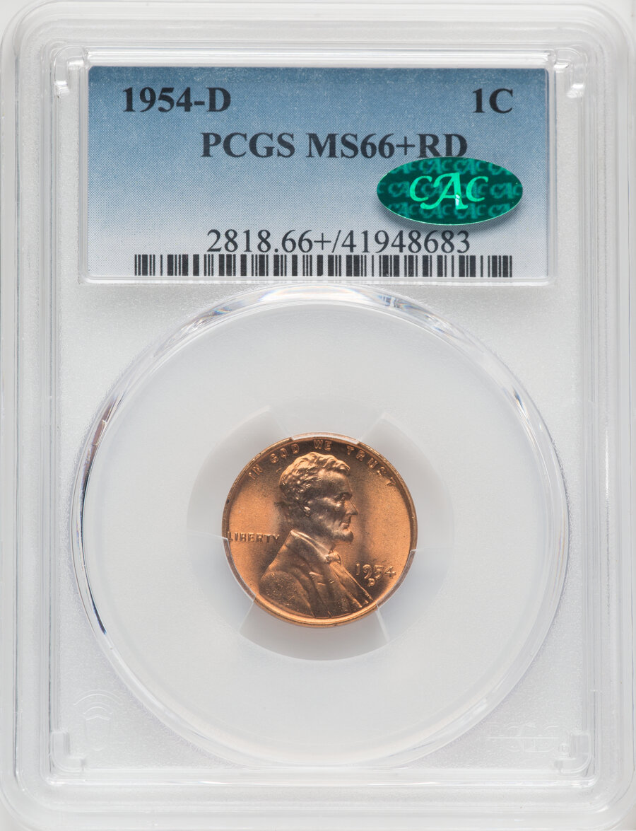 1954-D 1C MS66+ Red PCGS. CAC. PCGS Population: (1451/108). NGC Census: (3376/473). CDN: $30 Whsle. Bid for NGC/PCGS MS66. ...
