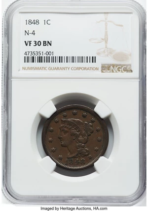 image for: 1848 1C N-4, R.4, VF30 NGC. NGC Census: (1/4). PCGS Population: (0/9). CDN: $60 Whsle. Bid for NGC/PCGS VF30. Mintage 6,415...