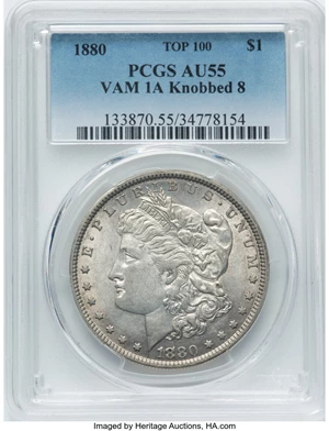 image for: 1880 $1 Knobbed 8, VAM-1A2, AU55 PCGS. A Top 100 Variety. PCGS Population: (14/15). NGC Census: (8/8). CDN: $400 Whsle. Bid...
