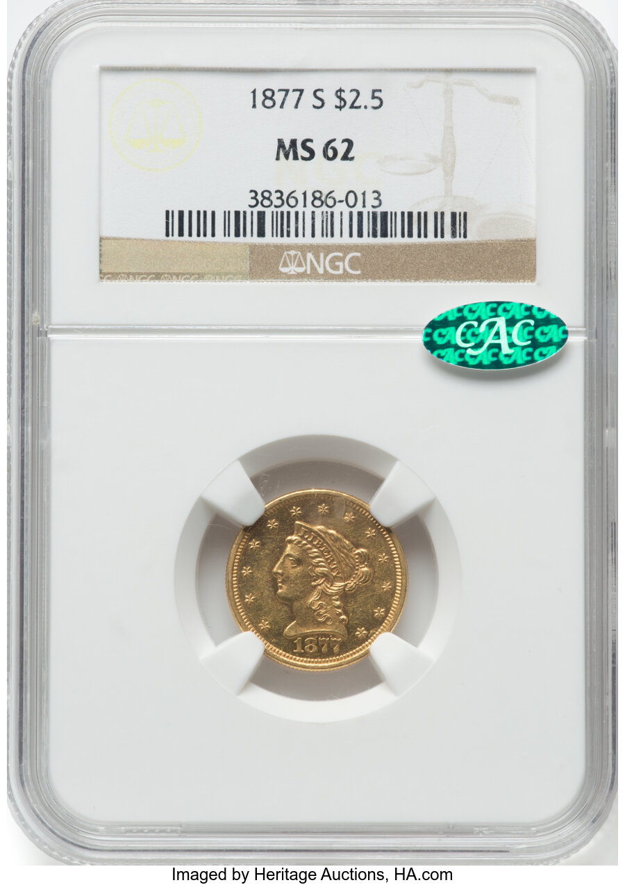 1877-S $2 1/2 MS62 NGC. CAC. NGC Census: (66/19). PCGS Population: (62/39). CDN: $1,000 Whsle. Bid for NGC/PCGS MS62. Minta...