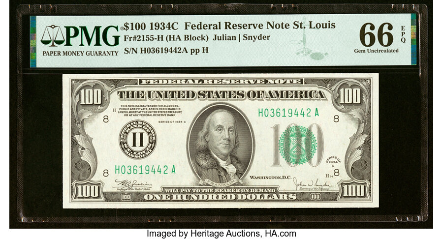 Fr. 2155-H $100 1934C Federal Reserve Note. PMG Gem Uncirculated 66 EPQ....