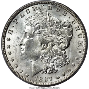 image for: 1887 $1 Donkey Tail, VAM-25A, MS62+ PCGS. A Top 100 Variety. A large die chip at the lower right base of the D in DOLLAR ea...