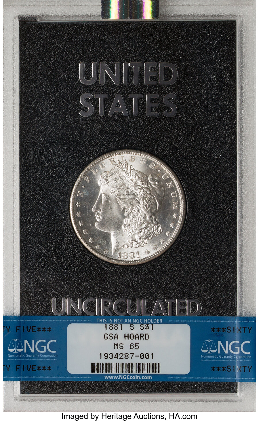 1881-S $1 GSA Hoard MS65 NGC. NGC Census: (32/26). PCGS Population: (0/2). CDN: $800 Whsle. Bid for NGC/PCGS MS65. Mintage ...