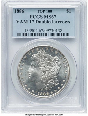 image for: 1886 $1 Doubled Arrows, VAM-17, MS67 PCGS. A Top 100 Variety. PCGS Population: (3/0). NGC Census: (4/0). CDN: $1,100 Whsle....