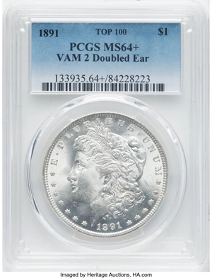 image for: 1891 $1 Doubled Ear, VAM-2, MS64+ PCGS. A Top 100 Variety. PCGS Population: (40/7 and 2/0+). NGC Census: (29/0 and 0/0+). C...
