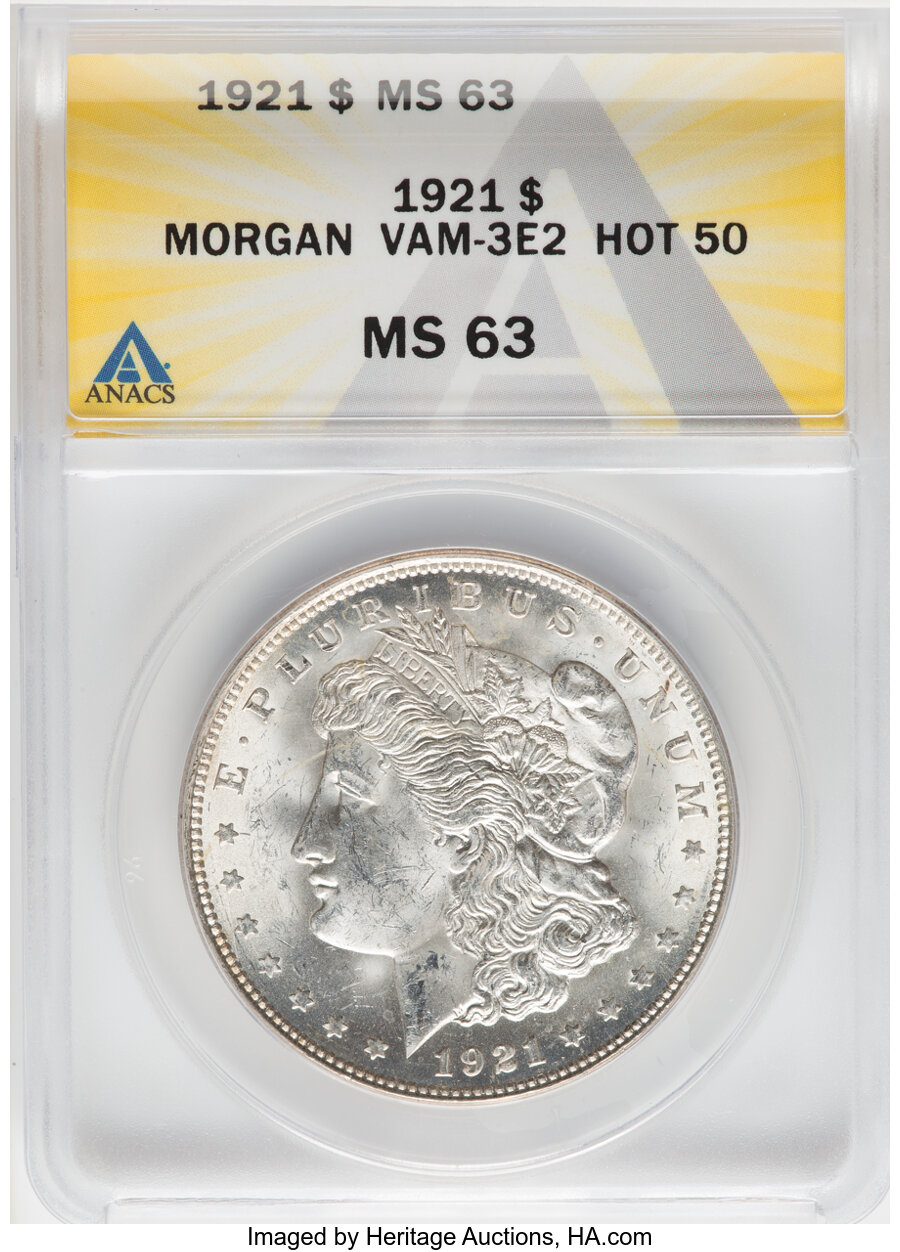 1921 $1 Pitted Reverse, VAM-3E2, MS63 ANACS. A Hot 50 Variety. Mintage 44,690,000....