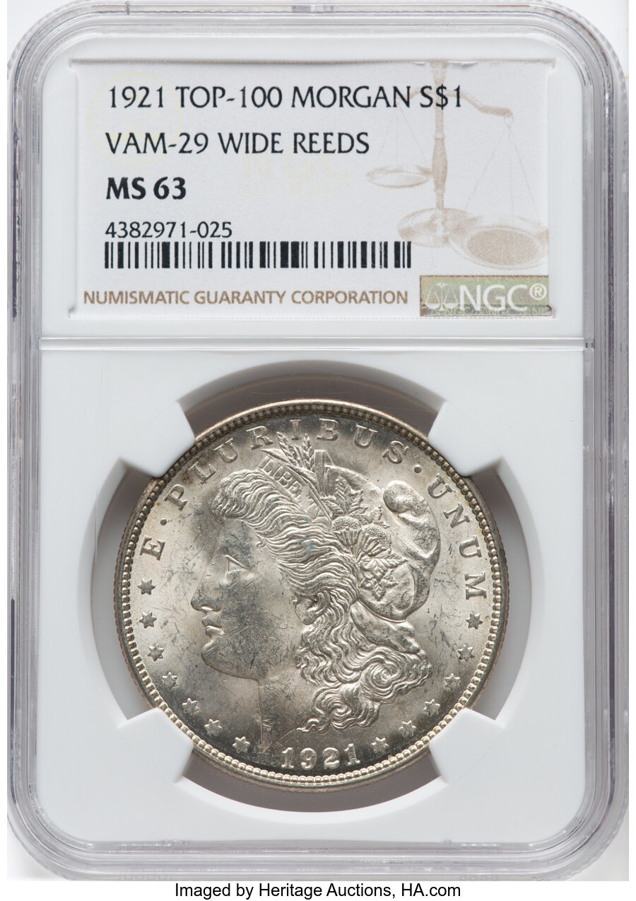 1921 $1 Wide Reeding, VAM-29, MS63 NGC. A Top 100 Variety. NGC Census: (0/0). PCGS Population: (127/75). MS63....