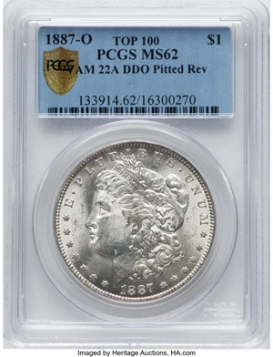 image for: 1887-O $1 VAM-22A, Pitted Reverse, MS62 PCGS. A Top 100 Variety. PCGS Population: (16/4 and 0/0+). NGC Census: (0/0 and 0/0...