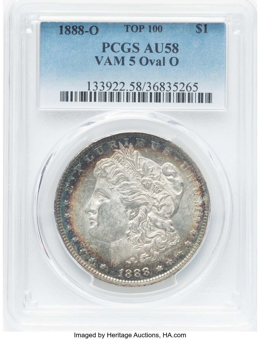 image for: 1888 $1 Oval O, VAM-5, AU58 PCGS. A Top 100 Variety. PCGS Population: (2/2). NGC Census: (0/0). AU58....