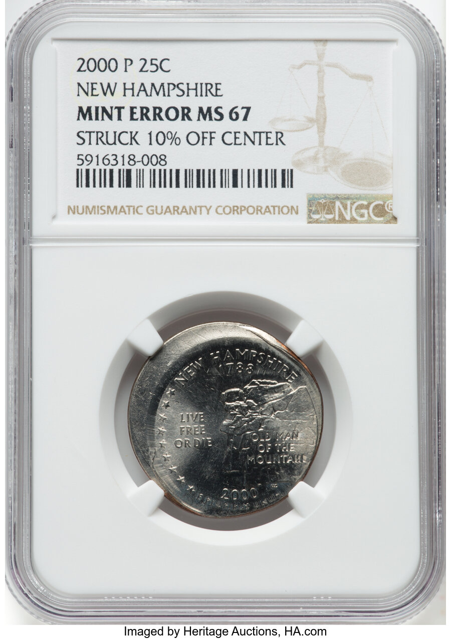 2000-P 25C New Hampshire -- Struck 10% Off Center -- MS67 NGC. NGC Census: (74/11). PCGS Population: (615/71). CDN: $8 Whsl...