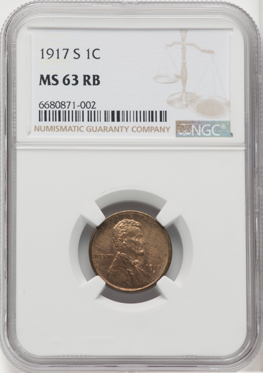 1917-S 1C MS63 Red and Brown NGC. NGC Census: (74/127). PCGS Population: (152/305). CDN: $160 Whsle. Bid for NGC/PCGS MS63....