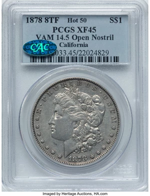 image for: 1878 8TF $1 Open Nostril, Spiked "A", VAM-14.5, XF45 PCGS. CAC. Ex: California. A Hot 50 Variety. PCGS Population: (22/32)....