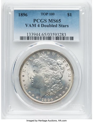 image for: 1896 $1 Doubled Stars, VAM-4A, MS65 PCGS. A Top 100 Variety. PCGS Population: (6316/2240). NGC Census: (6536/1141). CDN: $1...