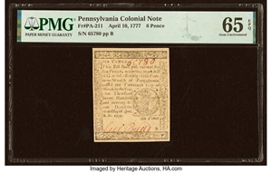 image for: Pennsylvania April 10, 1777 6d PMG Gem Uncirculated 65 EPQ....