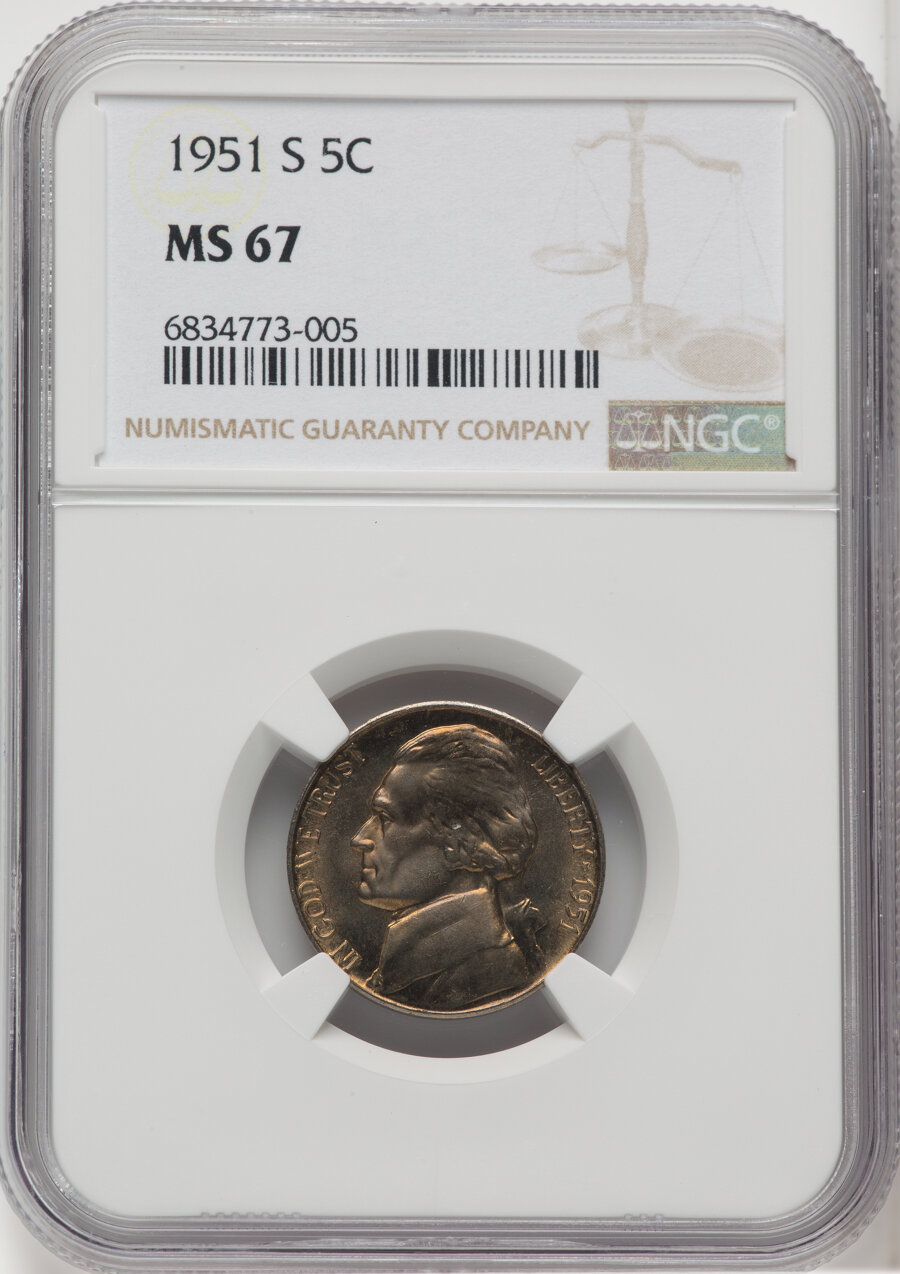 1951-S 5C MS67 NGC. NGC Census: (92/0). PCGS Population: (14/0). CDN: $225 Whsle. Bid for NGC/PCGS MS67. Mintage 7,776,000....