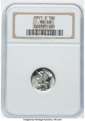 image for: 1941-S 10C MS68 NGC. NGC Census: (9/0). PCGS Population: (3/0). CDN: $700 Whsle. Bid for NGC/PCGS MS68. Mintage 43,090,000....