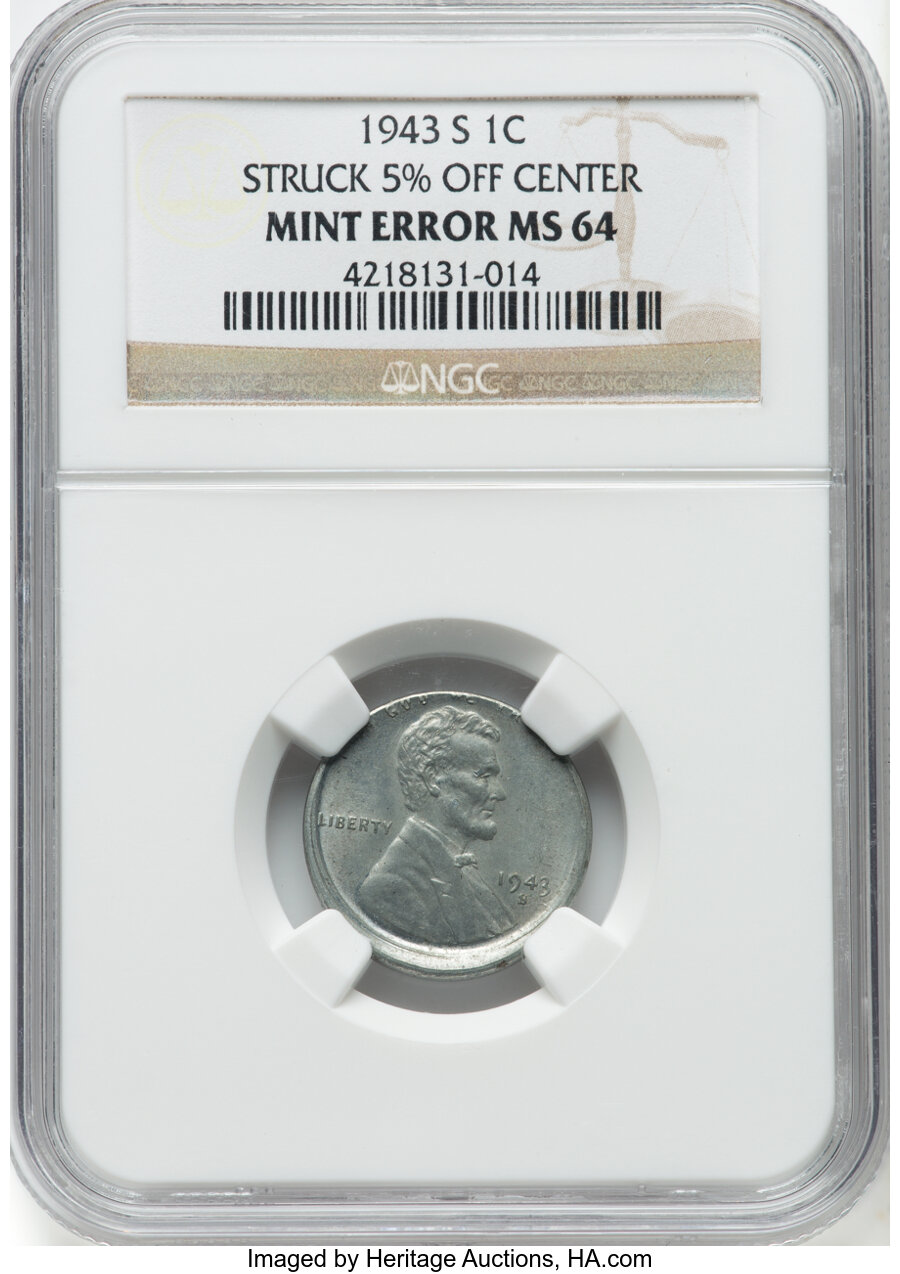 1943-S 1C Lincoln Cent -- Struck 5% Off Center -- MS64 NGC. NGC Census: (923/15836). PCGS Population: (1269/11409). CDN: $8...
