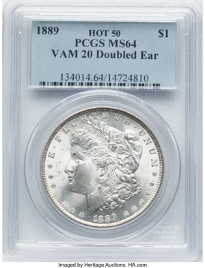 image for: 1889 $1 Doubled Ear, VAM-20, MS64 PCGS. A Hot 50 Variety. PCGS Population: (5/2). NGC Census: (8/3). CDN: $275 Whsle. Bid f...