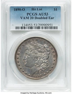 image for: 1890 $1 Doubled Ear, VAM 20, AU53 PCGS. PCGS Population: (6/6). NGC Census: (0/0). AU53....