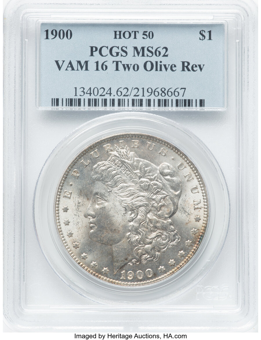 1900 $1 Two Olive Reverse, VAM-16, MS62 PCGS. A Hot 50 Variety. PCGS Population: (9/35). NGC Census: (0/0). CDN: $120 Whsle...