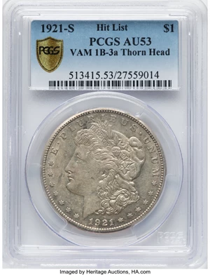 image for: 1921-S $1 Thorn Head, VAM-1B3A, AU53 PCGS. A Hit List 40 Variety. PCGS Population: (2/5). NGC Census: (0/0). AU53. Mintage ...