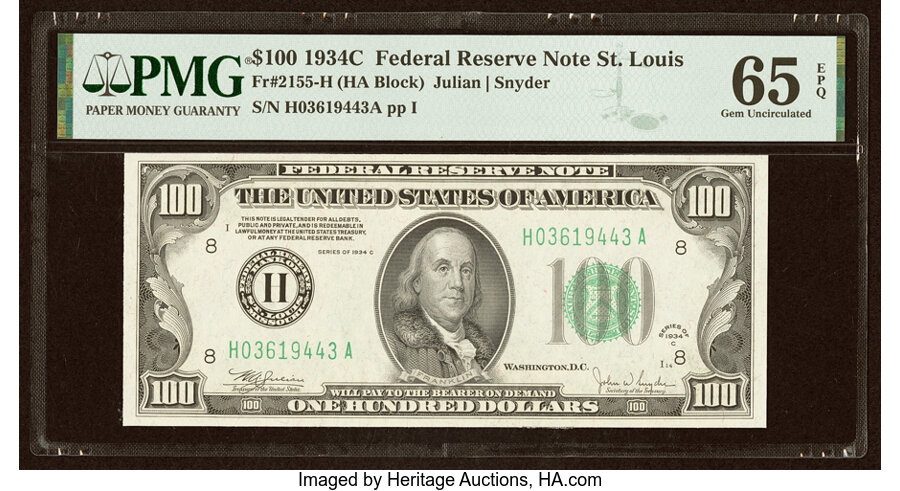 Fr. 2155-H $100 1934C Federal Reserve Note. PMG Gem Uncirculated 65 EPQ....