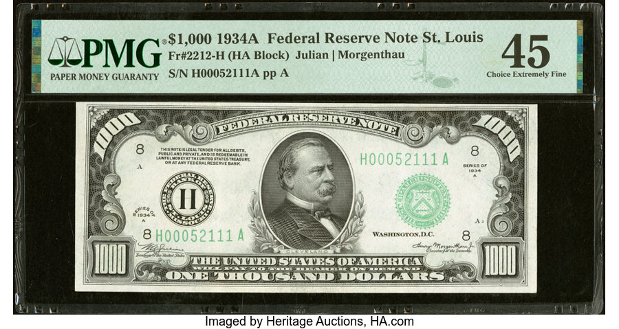 Fr. 2212-H $1,000 1934A Federal Reserve Note. PMG Choice Extremely Fine 45....