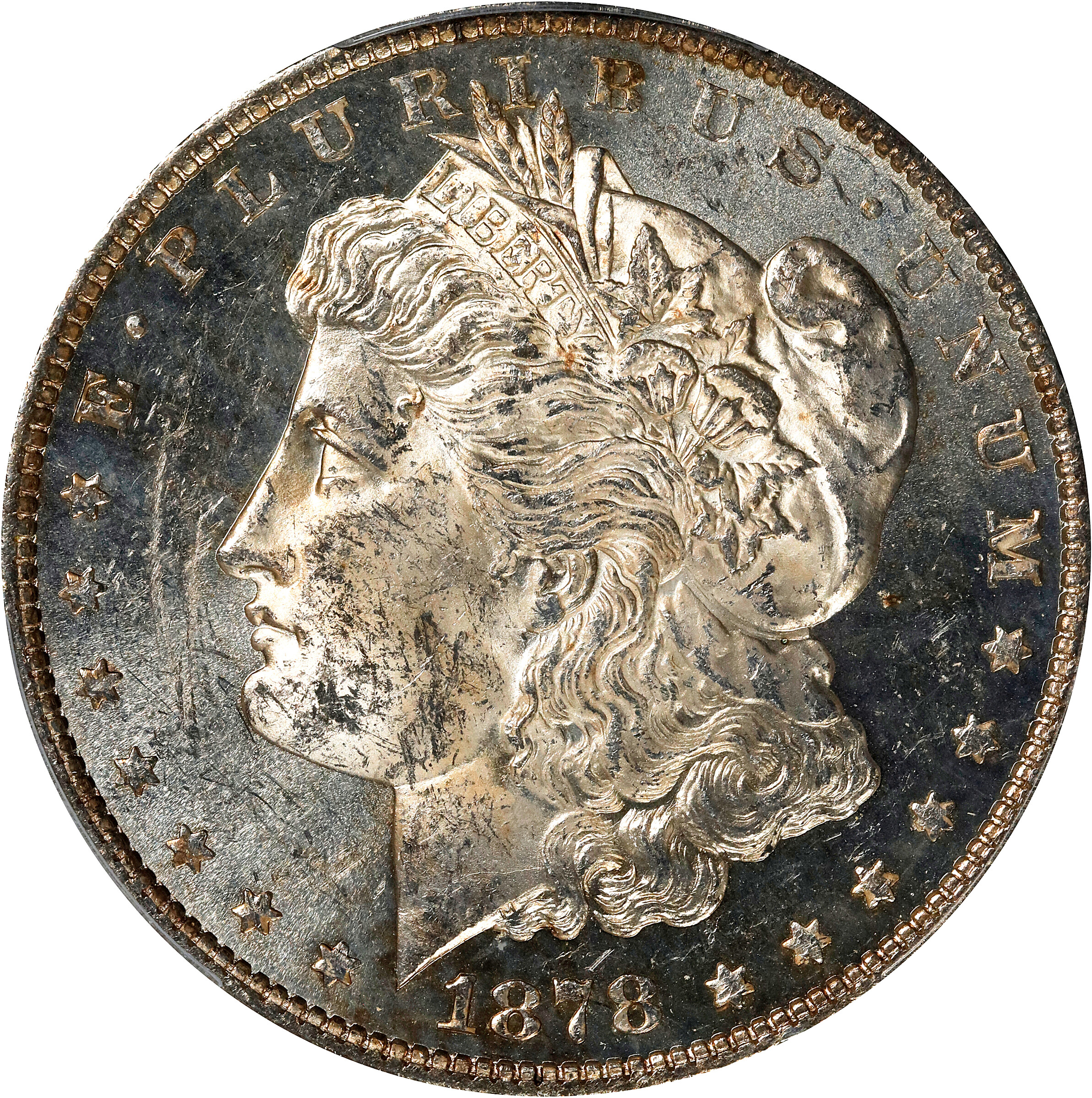 1878 Morgan Silver Dollar. 7 Tailfeathers. Reverse of 1879. MS-62 PL (PCGS).