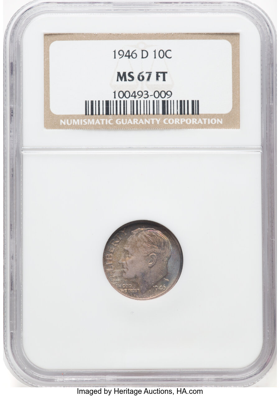 1946-D 10C MS67 Full Bands NGC. NGC Census: (214/11). PCGS Population: (145/7). CDN: $105 Whsle. Bid for NGC/PCGS MS67. Min...
